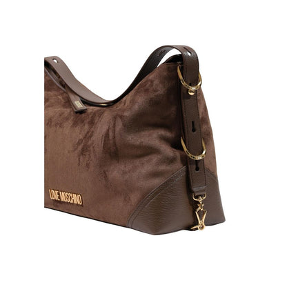 Large Handbag by Love Moschino for women in polyester leather brown & gold features a ornamental silhouette, showcasing a secure zipper, ample , and ornamental adjustable-strap & handle for a sophisticated look.