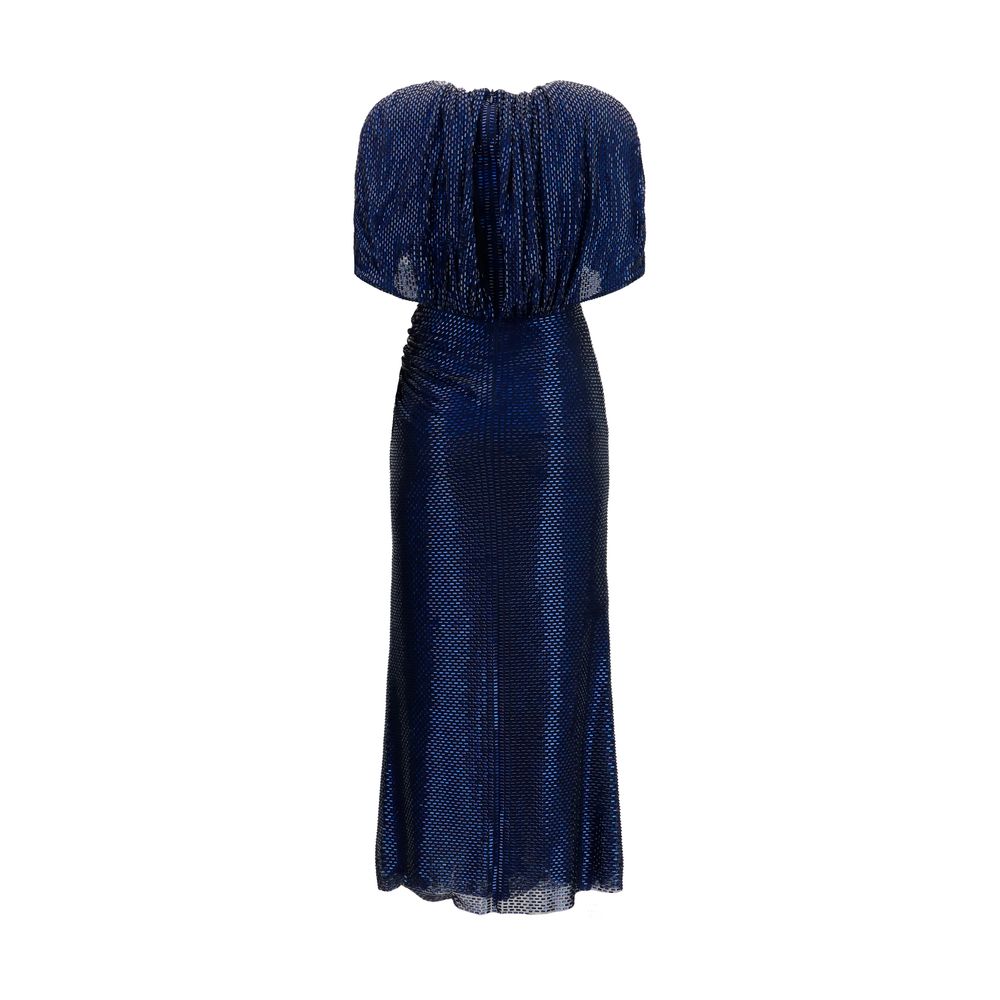Dress by Self-Portrait for women in stretch polyester blue & patterned presents a sinuous silhouette, showcasing a sophisticated and detailed with a sinuous midi for a refined finish.