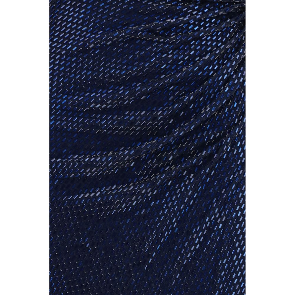 Dress by Self-Portrait for women in stretch polyester blue & patterned showcases a striking silhouette, elegantly detailed with a , refined , and a striking midi for a striking finish.