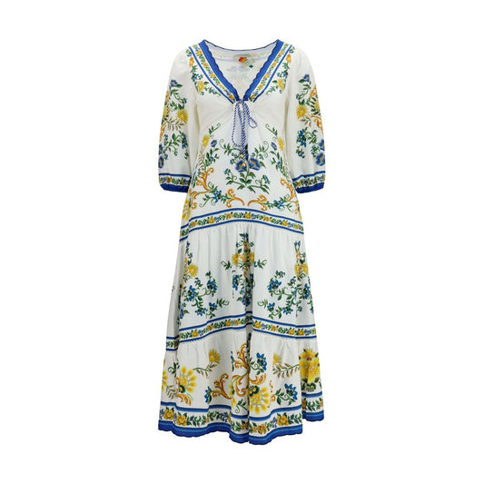 Dress by FARM RIO for women in linen & viscose multicolor, patterned, floral & print features an eye catching silhouette with a sophisticated v-neck neckline, elegant three-quarter-sleeve, and a refined midi for a eye catching aesthetic.