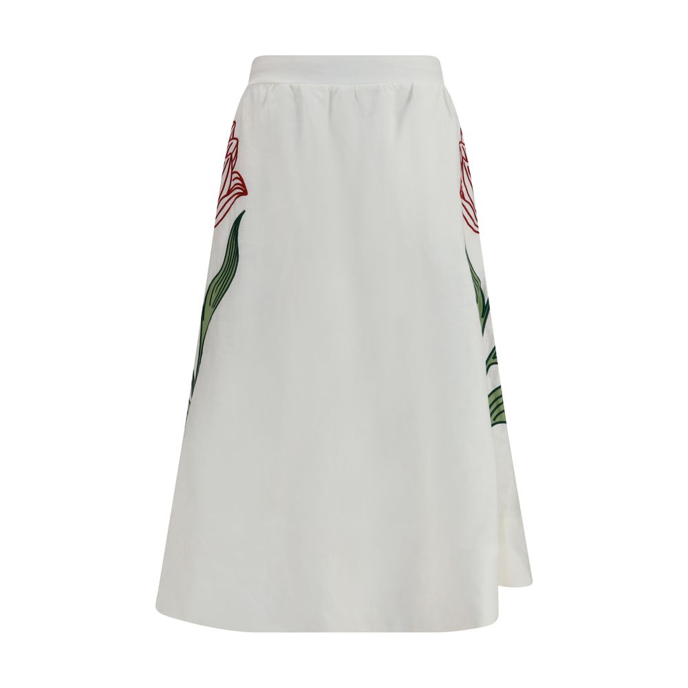Skirt by FARM RIO for women in linen white & floral features a contoured silhouette from the Women's A Line Linen Midi Skirt collection, characterized by its contoured midi for a contoured finish.