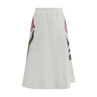Skirt by FARM RIO for women in linen white & floral features a contoured silhouette from the Women's A Line Linen Midi Skirt collection, characterized by its contoured midi for a contoured finish.