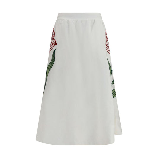 Skirt by FARM RIO for women in linen white & floral features a contoured silhouette from the Women's A Line Linen Midi Skirt collection, characterized by its contoured midi for a contoured finish.