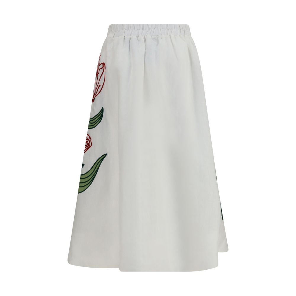 Skirt by FARM RIO for women in linen white & floral showcases a dramatic silhouette, artfully capturing the essence of the Women's A Line Linen Midi Skirt in a dramatic midi cut for a refined look.