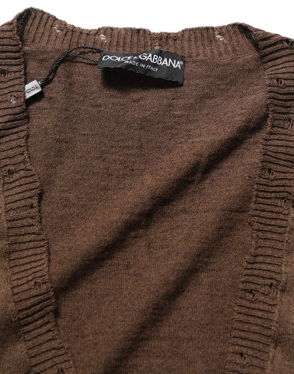 Dolce & Gabbana Brown Flax Buttoned V-neck Pullover Sweater