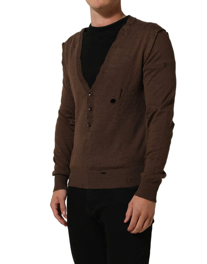 Dolce & Gabbana Brown Flax Buttoned V-neck Pullover Sweater