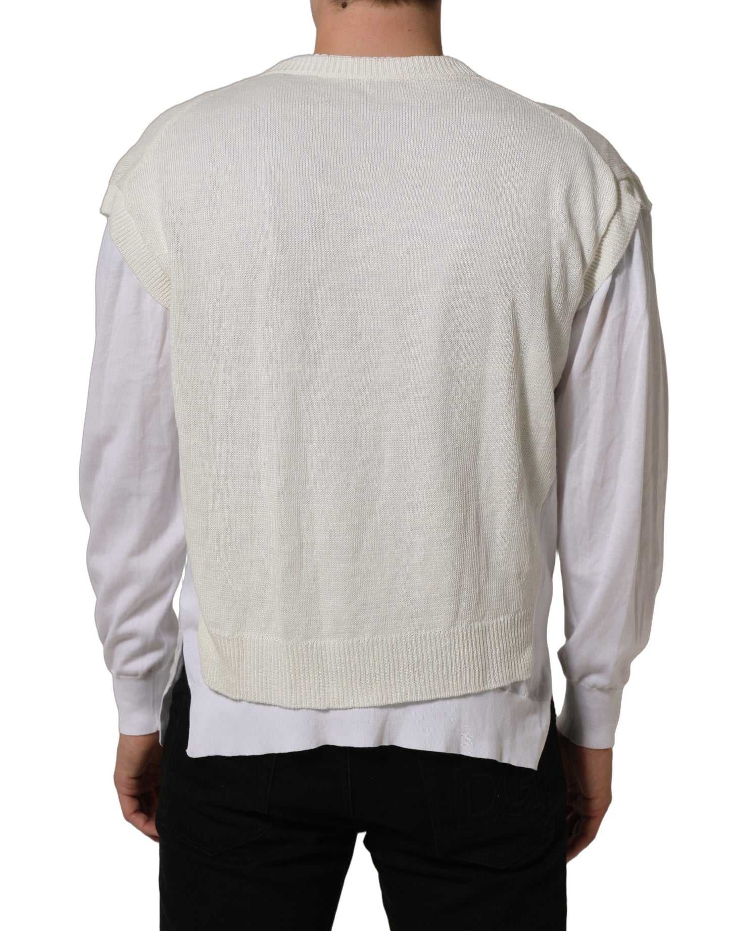 Dolce & Gabbana White Flax CrewNeck Layered Pullover Sweater