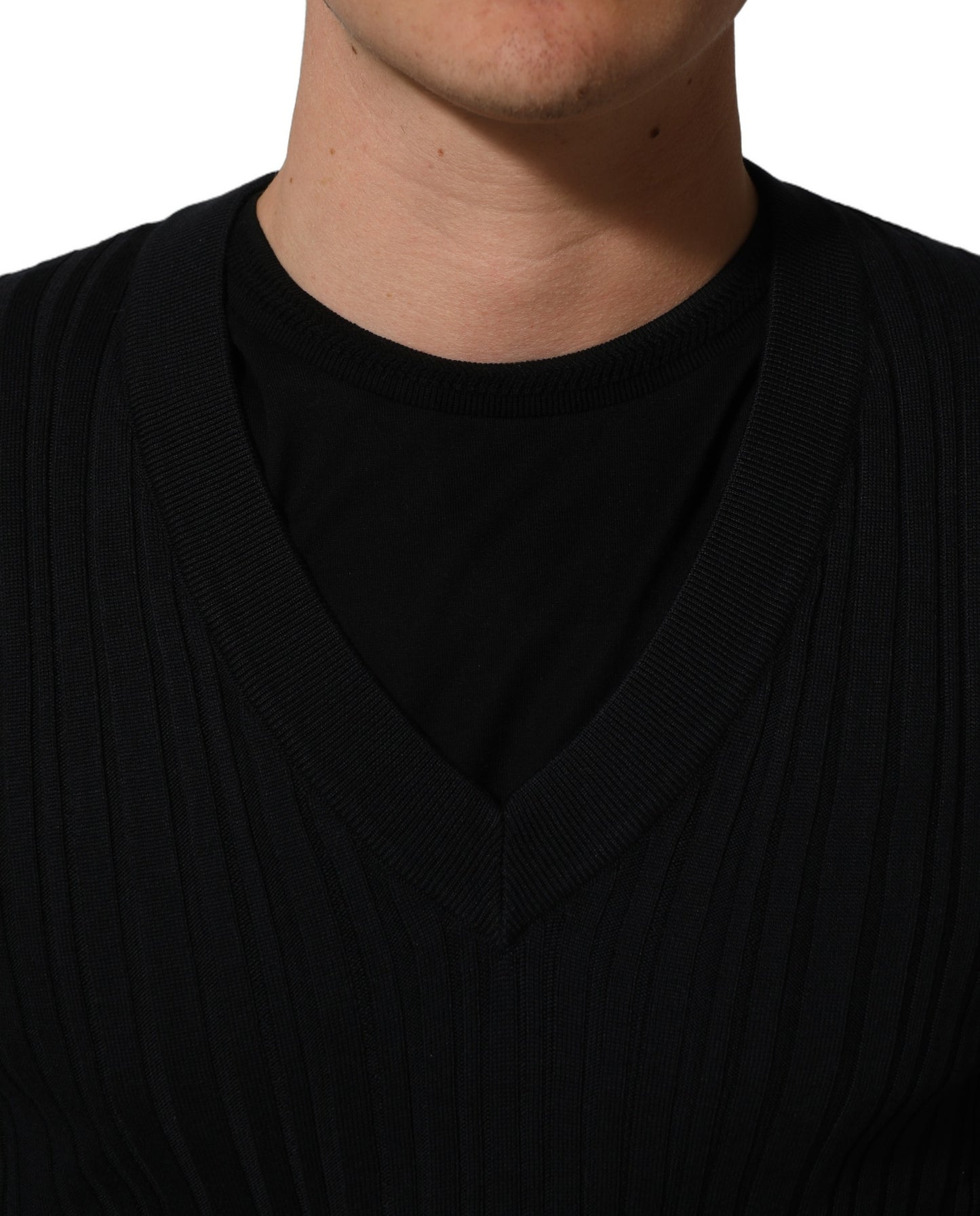 Dolce & Gabbana Black Silk Blend V-neck Pullover Men Sweater