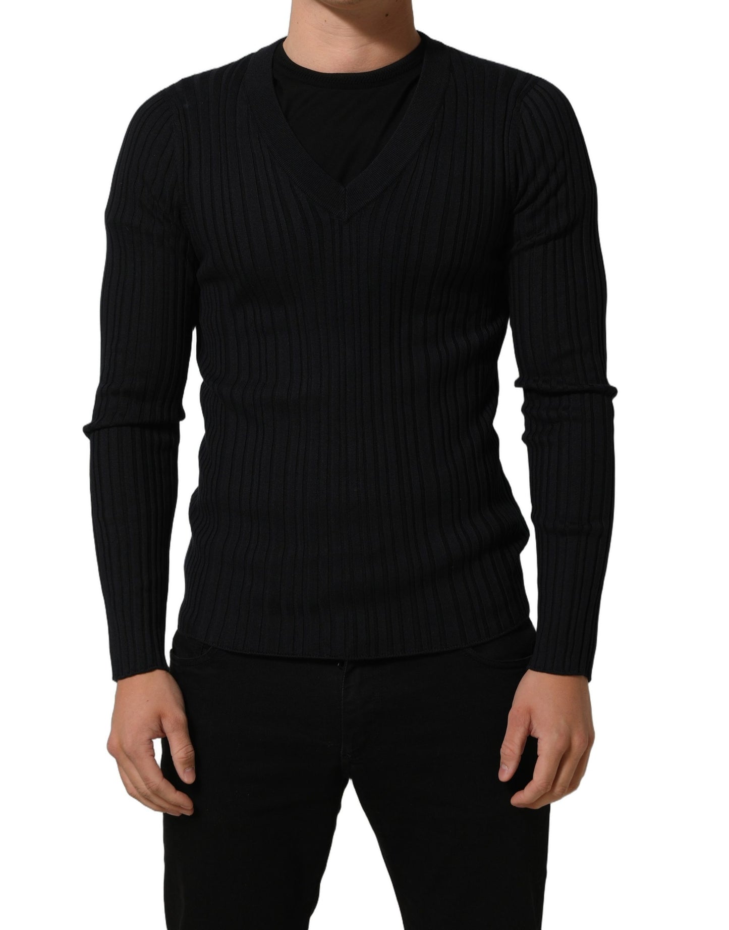 Dolce & Gabbana Black Silk Blend V-neck Pullover Men Sweater
