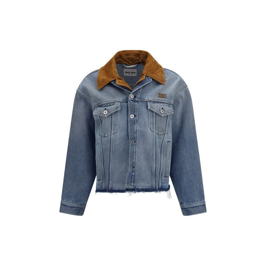 Trucker Jacket by Miu Miu for women in cotton denim & suede leather blue features an on trend silhouette, showcasing refined pockets and a sophisticated for a truly on trend finish.