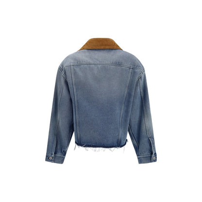 Trucker Jacket by Miu Miu for women in cotton denim & suede leather blue features a city-ready silhouette, detailed with pockets and a city-ready .
