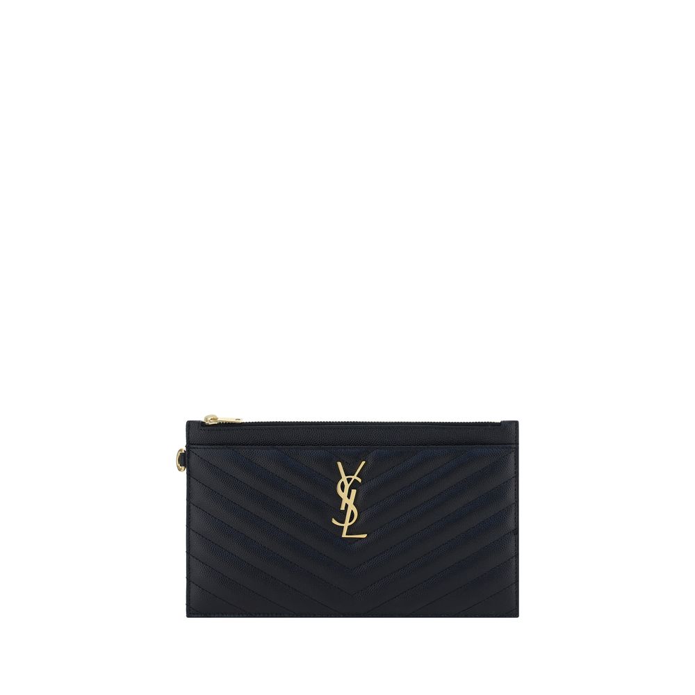Small Evening Pouch Clutch Handbag by Saint Laurent for women in bos taurus calf leather black, gold & signature features a statuesque silhouette, showcasing a secure zipper and organized with versatile for statuesque evening wear.