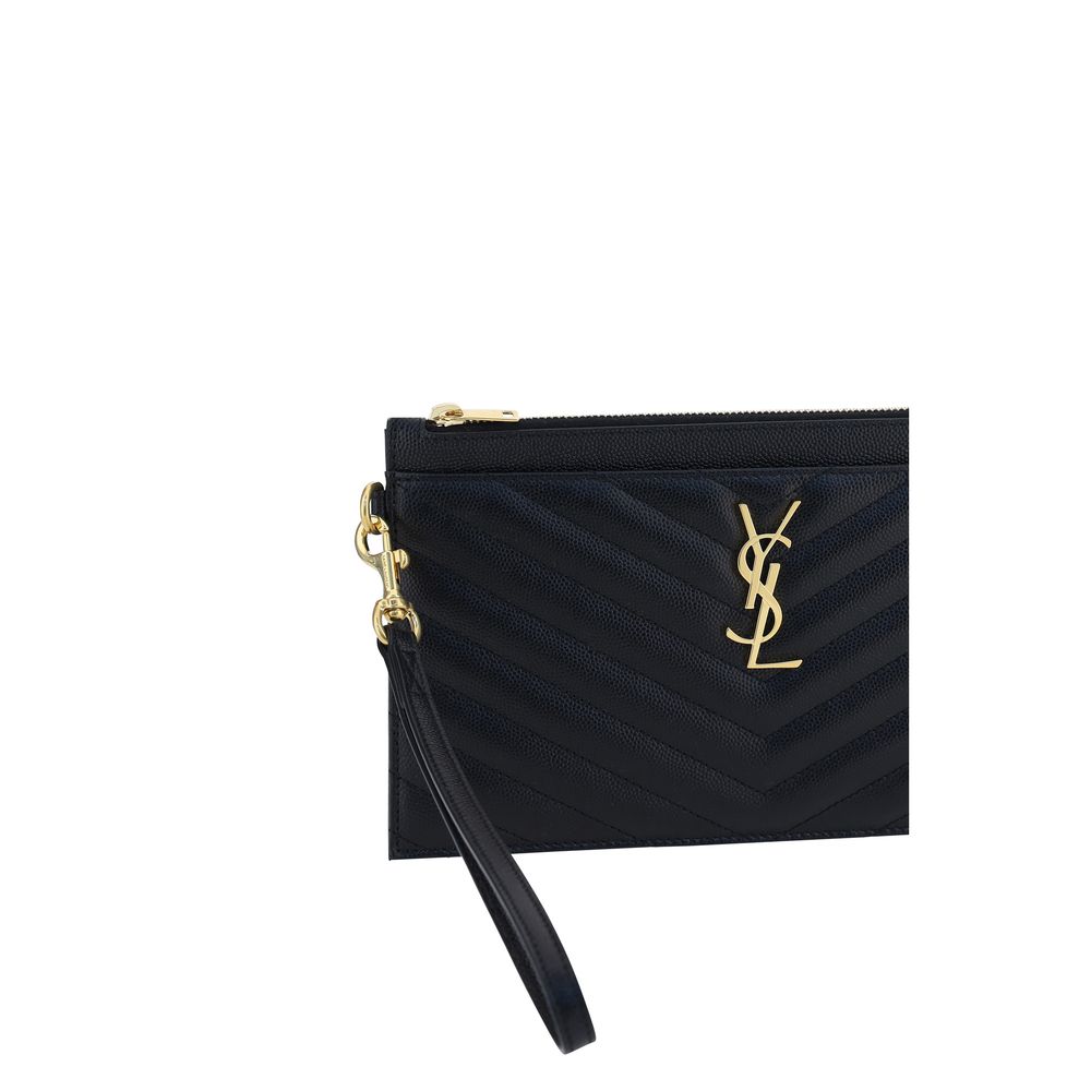 Small Evening Pouch Clutch Handbag by Saint Laurent for women in bos taurus calf leather black, gold & signature showcases a sculptural silhouette, featuring a secure zipper, ample , and versatile for a sculptural aesthetic.
