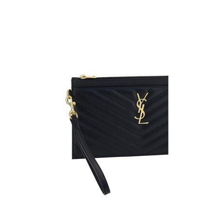 Small Evening Pouch Clutch Handbag by Saint Laurent for women in bos taurus calf leather black, gold & signature showcases a sculptural silhouette, featuring a secure zipper, ample , and versatile for a sculptural aesthetic.