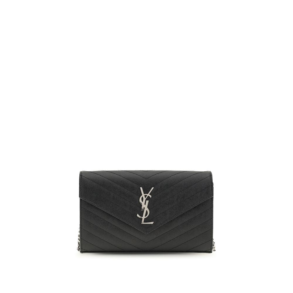 Cardholder Wallet by Saint Laurent for women in bos taurus calf leather black, silver & monogram presents a streamlined silhouette, showcasing the sophisticated design of the The Monogram Bos Taurus Calf Leather Cardholder Wallet collection with functional card-organization chain.