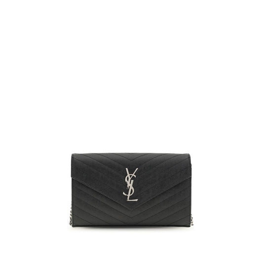 Cardholder Wallet by Saint Laurent for women in bos taurus calf leather black, silver & monogram presents a streamlined silhouette, showcasing the sophisticated design of the The Monogram Bos Taurus Calf Leather Cardholder Wallet collection with functional card-organization chain.