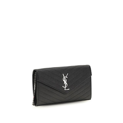 Cardholder Wallet by Saint Laurent for women in bos taurus calf leather black, silver & monogram features a sleek silhouette, showcasing the sleek The Monogram Bos Taurus Calf Leather Cardholder Wallet design with sophisticated card-organization chain for a premium look.