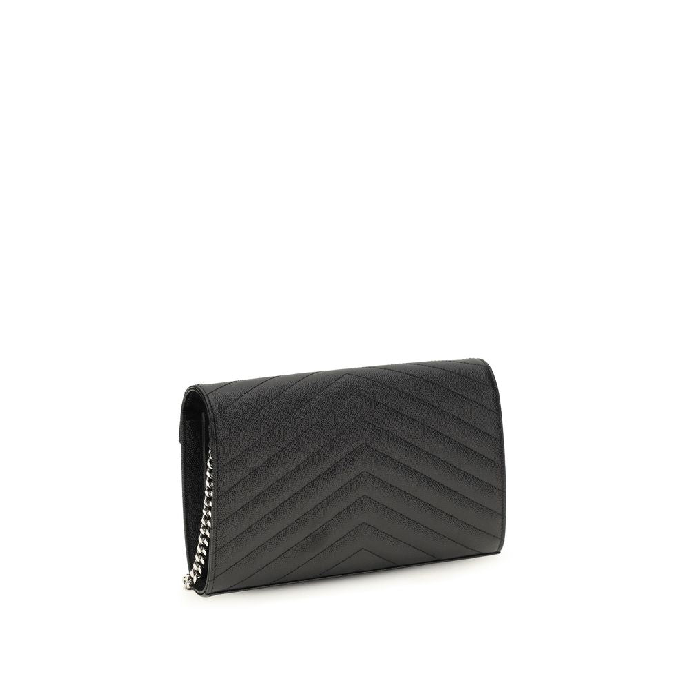 Cardholder Wallet by Saint Laurent for women in bos taurus calf leather black, silver & monogram showcases a distinguished silhouette, artfully capturing the essence of the distinguished The Monogram Bos Taurus Calf Leather Cardholder Wallet design with functional card-organization chain.