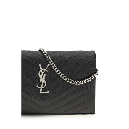 Cardholder Wallet by Saint Laurent for women in bos taurus calf leather black, silver & monogram presents a architectural silhouette from the The Monogram Bos Taurus Calf Leather Cardholder Wallet collection, showcasing architectural card-organization chain for a architectural finish.