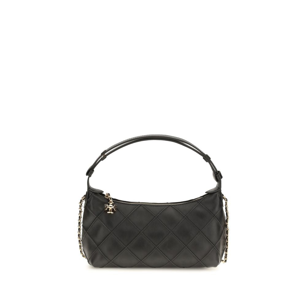 Clutch Handbag by Tory Burch for women in nappa leather black & signature showcases a sculptural silhouette, featuring a secure zipper, ample cardholder, and versatile adjustable-strap & handle for a sculptural aesthetic.
