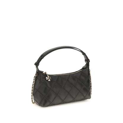 Clutch Handbag by Tory Burch for women in nappa leather black & signature features a statuesque silhouette, showcasing a secure zipper and organized cardholder with versatile adjustable-strap & handle for statuesque evening wear.