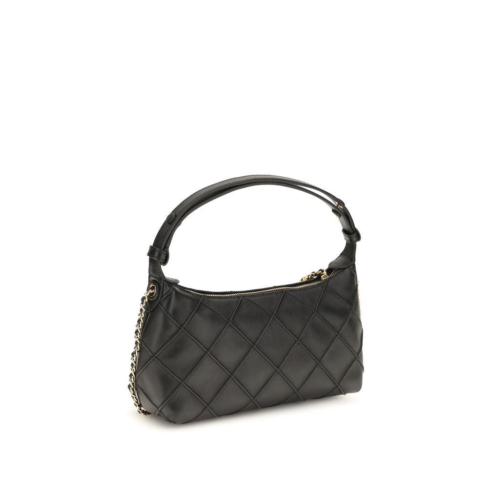 Clutch Handbag by Tory Burch for women in nappa leather black & signature showcases a sculptural silhouette, featuring a secure zipper, ample cardholder, and versatile adjustable-strap & handle for a sculptural finish.