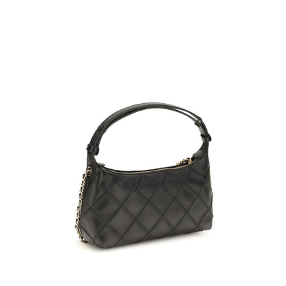 Clutch Handbag by Tory Burch for women in nappa leather black & signature showcases a sculptural silhouette, featuring a secure zipper, ample cardholder, and versatile adjustable-strap & handle for a sculptural finish.