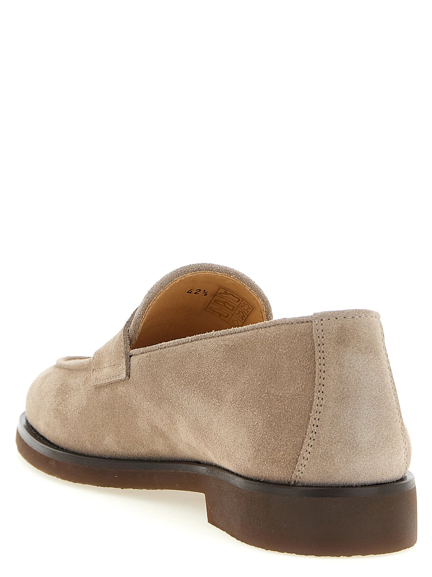 Loafer Slip-On Shoes by Brunello Cucinelli for men in calfskin leather gray & light-grey features an ergonomic silhouette, perfectly showcasing Men's Calfskin Leather Loafer Slip-On Shoes with its distinct and elegant almond toe style.