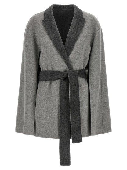 Cardigan by Alberta Ferretti for women in wool gray, light-grey & signature showcases a captivating silhouette, artfully detailed with a captivating and split neckline for a truly sophisticated captivating look.