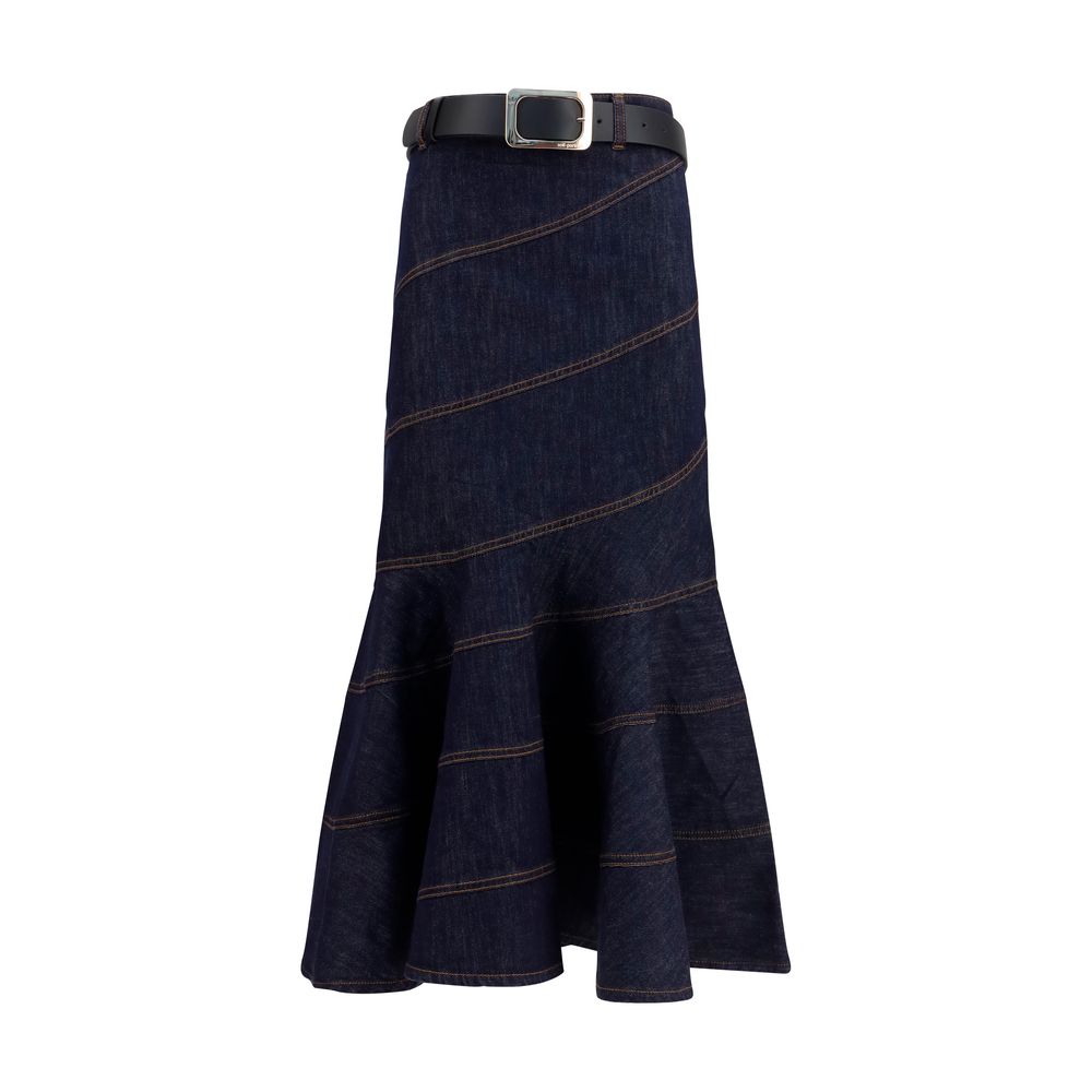 Skirt by Self-Portrait for women in stretch denim cotton polyester blue features a sublime silhouette, showcasing the sublime design of the Women's Denim Flared Stretch Cotton Polyester Midi Skirt in a sophisticated midi.