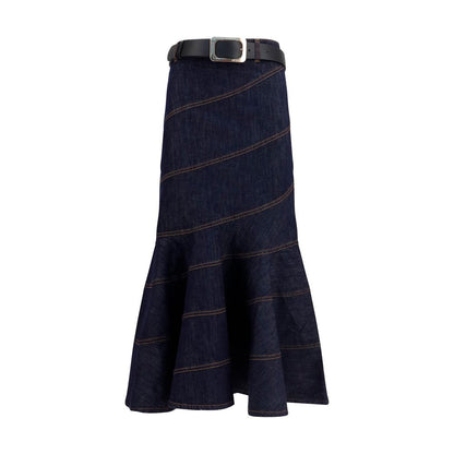 Skirt by Self-Portrait for women in stretch denim cotton polyester blue features a sublime silhouette, showcasing the sublime design of the Women's Denim Flared Stretch Cotton Polyester Midi Skirt in a sophisticated midi.