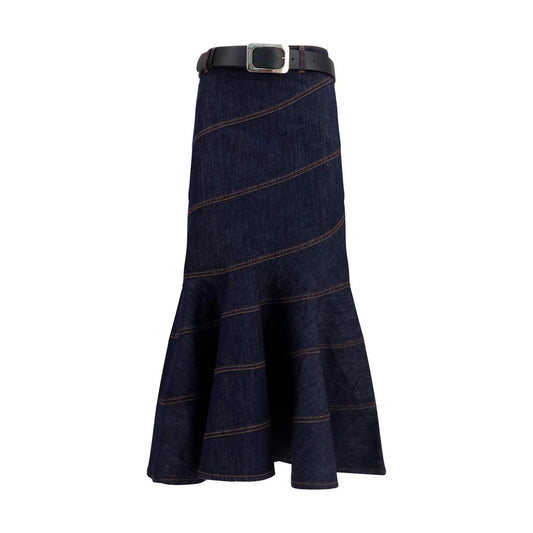 Skirt by Self-Portrait for women in stretch denim cotton polyester blue features a sublime silhouette, showcasing the sublime design of the Women's Denim Flared Stretch Cotton Polyester Midi Skirt in a sophisticated midi.