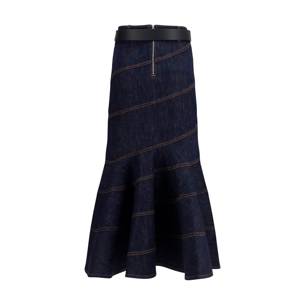Skirt by Self-Portrait for women in stretch denim cotton polyester blue features a contoured silhouette from the Women's Denim Flared Stretch Cotton Polyester Midi Skirt collection, characterized by its contoured midi for a contoured finish.