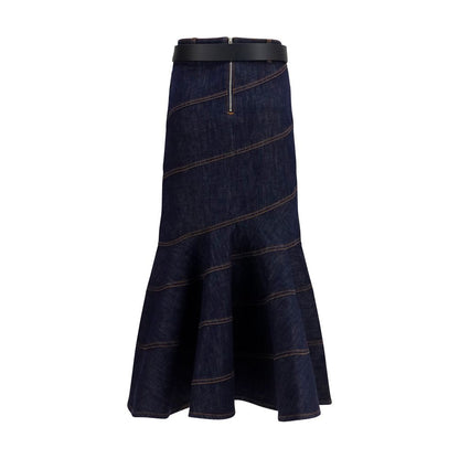 Skirt by Self-Portrait for women in stretch denim cotton polyester blue features a contoured silhouette from the Women's Denim Flared Stretch Cotton Polyester Midi Skirt collection, characterized by its contoured midi for a contoured finish.