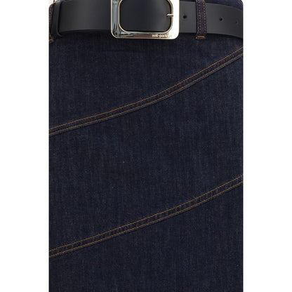 Skirt by Self-Portrait for women in stretch denim cotton polyester blue features an tailored silhouette, artfully capturing the essence of Women's Denim Flared Stretch Cotton Polyester Midi Skirt in a sophisticated midi.
