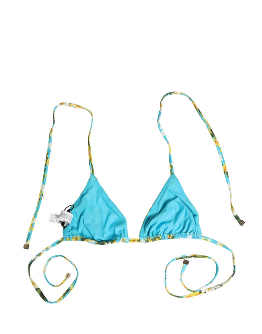Dolce & Gabbana Blue Floral Print Nylon Halter Bikini Top Swimwear