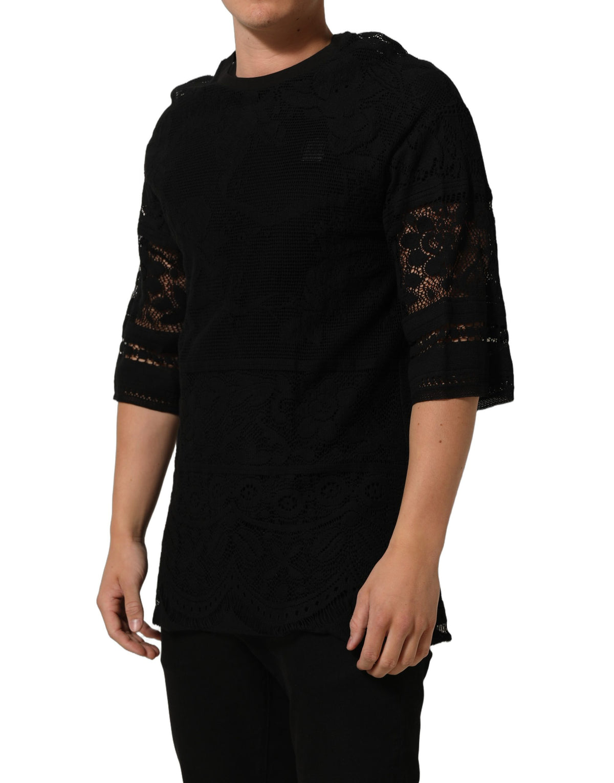 Dolce & Gabbana Men's Crew Neck Nylon Cotton Lace T-Shirt - Black Floral