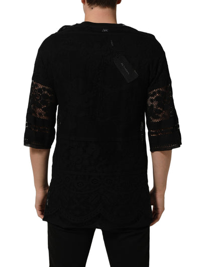 Dolce & Gabbana Black Cotton Floral Lace Crew Neck T-shirt