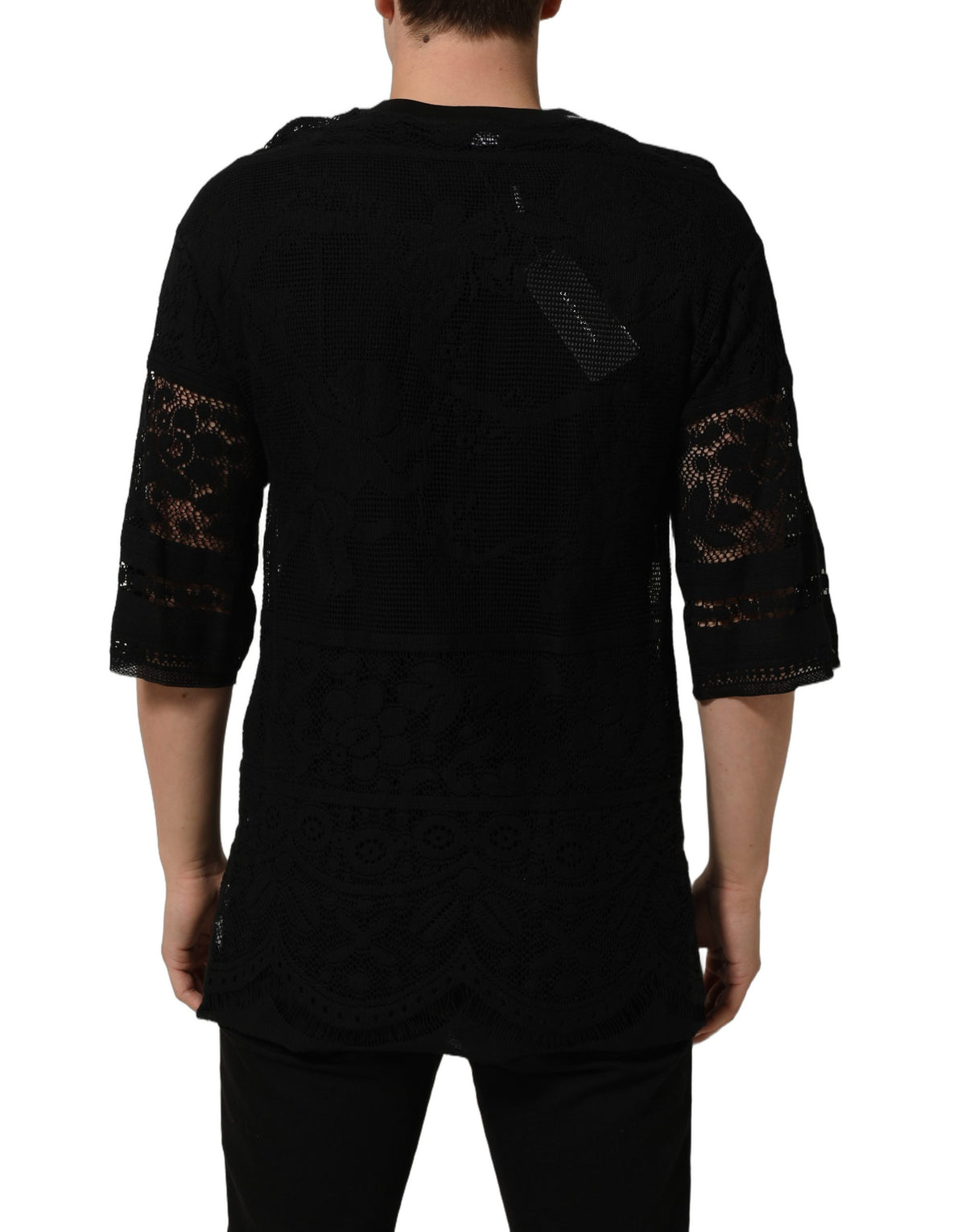 Dolce & Gabbana Men's Crew Neck Nylon Cotton Lace T-Shirt - Black Floral