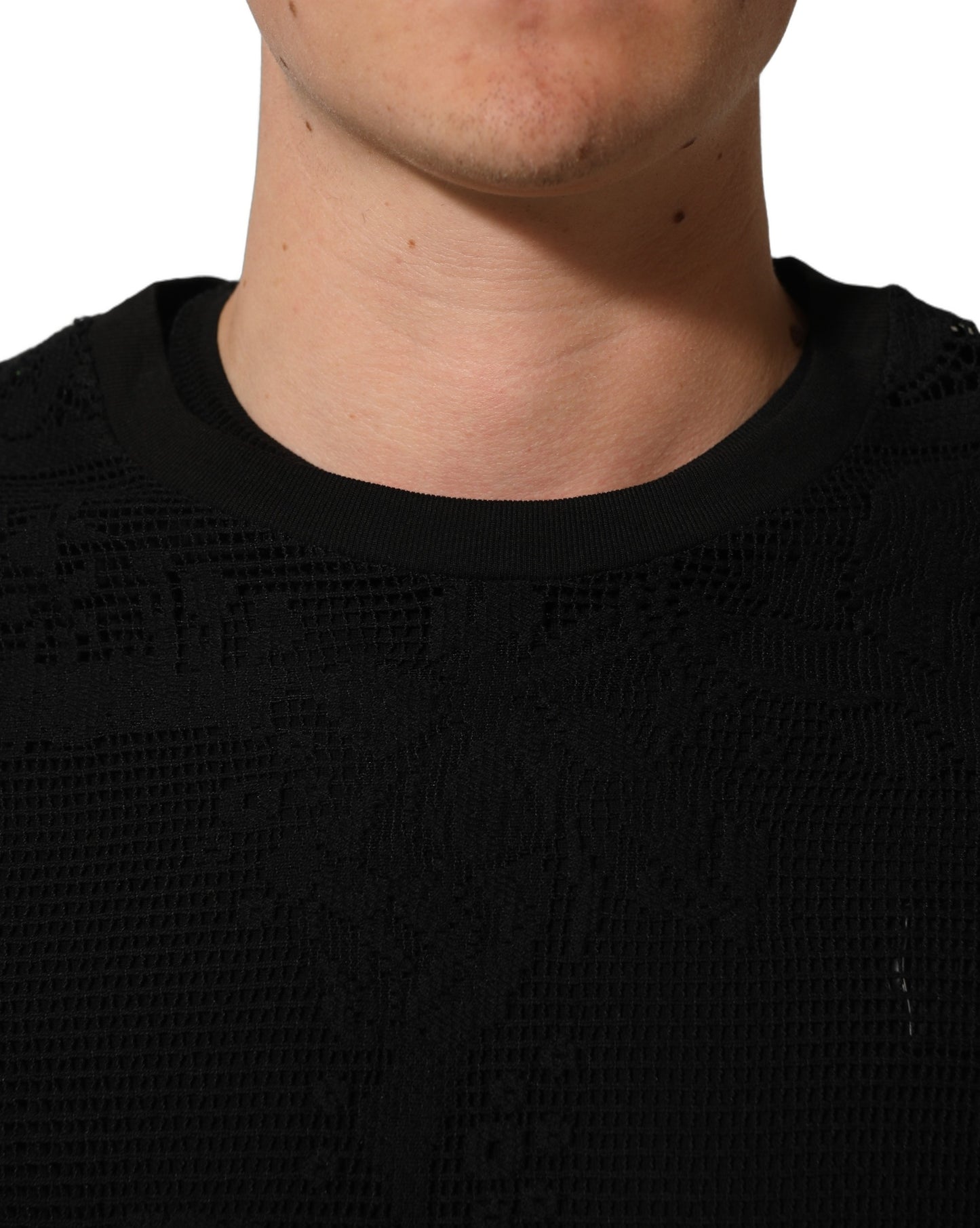 Dolce & Gabbana Black Cotton Floral Lace Crew Neck T-shirt