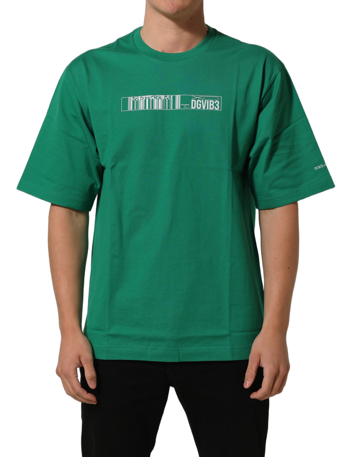 Dolce & Gabbana Men's Short-Sleeve Crew Neck Cotton T-Shirt - Green White Print