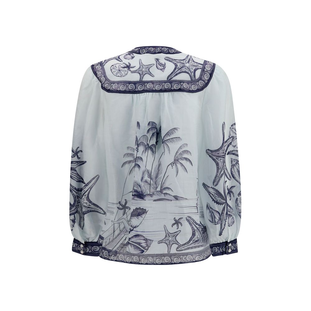 Blouse by FARM RIO for women in ramie & polyester white & print showcases a sleek silhouette, elegantly detailed with a sleek and for a sleek finish.