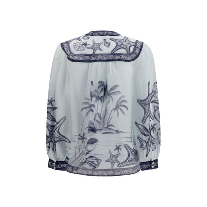 Blouse by FARM RIO for women in ramie & polyester white & print showcases a sleek silhouette, elegantly detailed with a sleek and for a sleek finish.