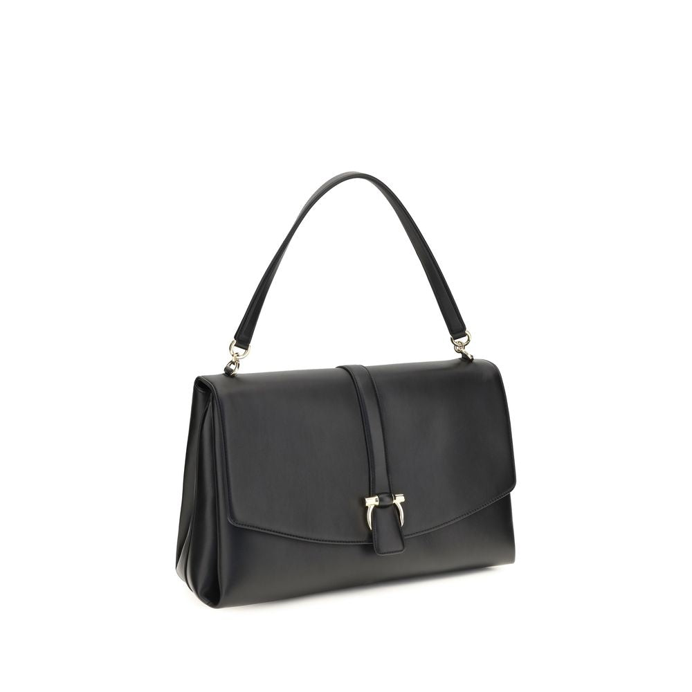 Large Shoulder Flap Clutch Bag by Ferragamo for women in bos taurus calf leather black presents a versatile silhouette, showcasing a secure flap and versatile with versatile shoulder-strap & handle for a sophisticated look.