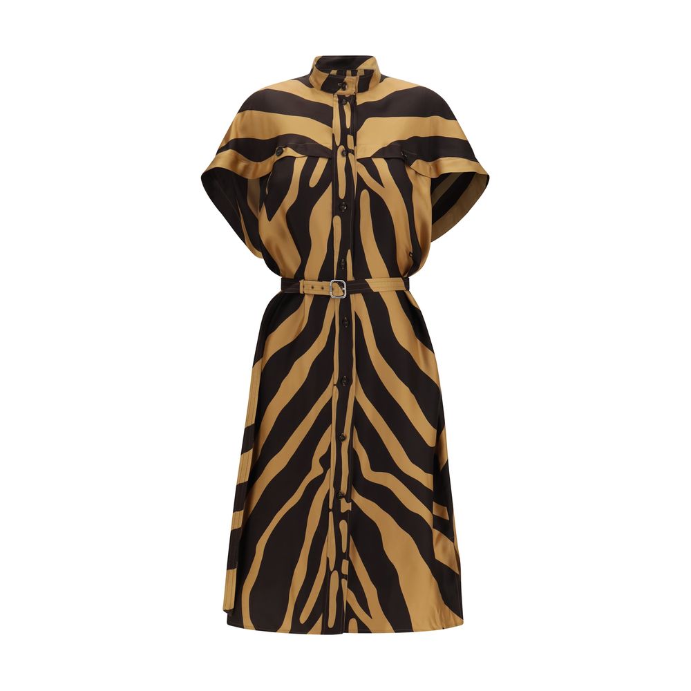 Dress by Ferragamo for women in viscose twill animal, multicolor, patterned & print features a dramatic silhouette, showcasing an elegant square neckline and short-sleeve that flows into a dramatic midi.