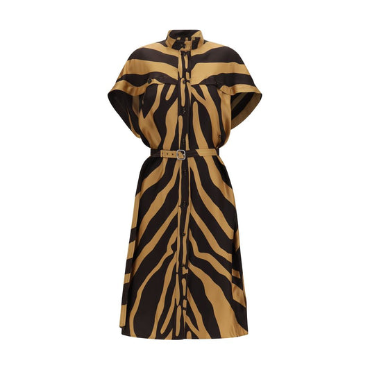 Dress by Ferragamo for women in viscose twill animal, multicolor, patterned & print features a dramatic silhouette, showcasing an elegant square neckline and short-sleeve that flows into a dramatic midi.