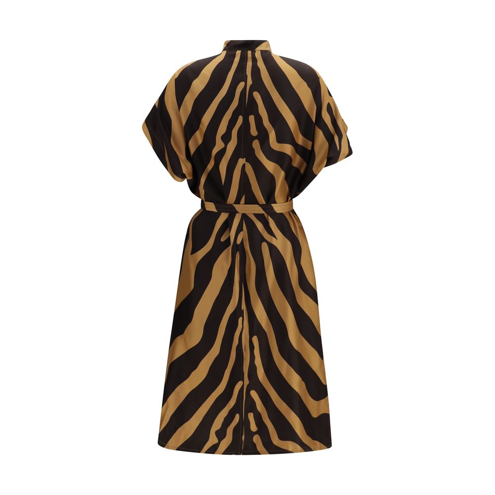 Dress by Ferragamo for women in viscose twill animal, multicolor, patterned & print features an eye catching silhouette with a sophisticated square neckline, elegant , and a refined midi for a eye catching aesthetic.