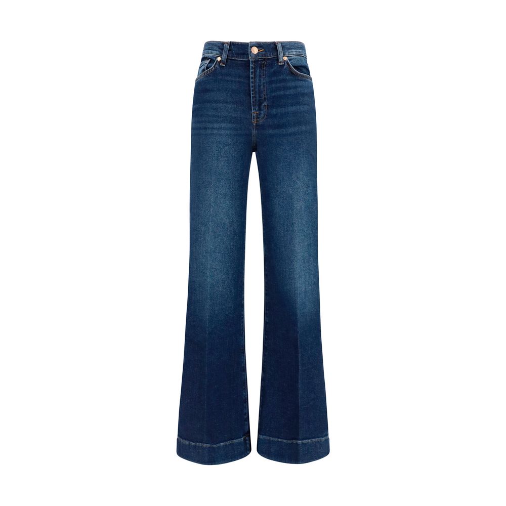 Jeans by 7FOR for women in stretch denim cotton blue & signature features an refined tailoring silhouette, showcasing a premium flared, wide & slim with a high rise and long cut for a refined tailoring look.