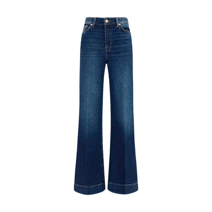 Jeans by 7FOR for women in stretch denim cotton blue & signature features an refined tailoring silhouette, showcasing a premium flared, wide & slim with a high rise and long cut for a refined tailoring look.