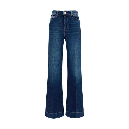 Jeans by 7FOR for women in stretch denim cotton blue & signature features an refined tailoring silhouette, showcasing a premium flared, wide & slim with a high rise and long cut for a refined tailoring look.
